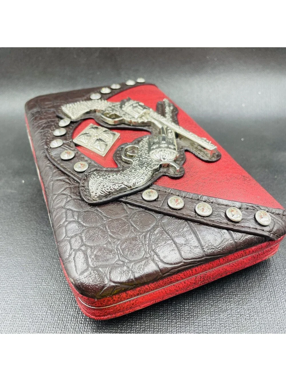 Texas Western Style Wallet Double Guns Red Burgundy & Black Silver Pistol Design